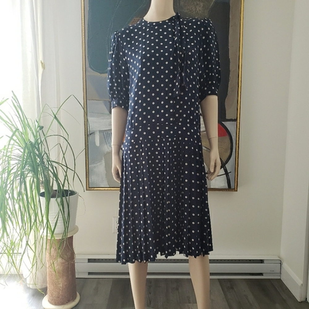 Albert Nipon | Silk Polka Dot Dress with Tie and Pleated Detail - Picture 1 of 16